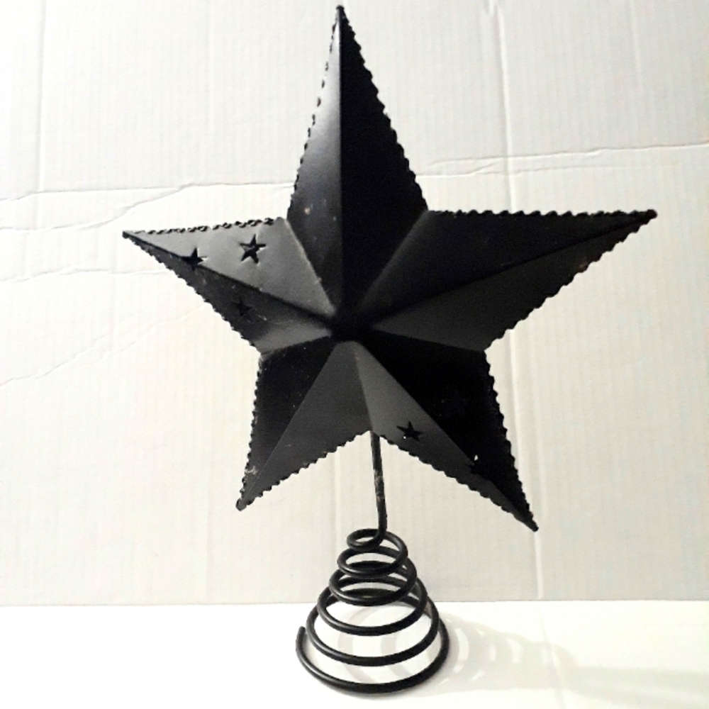 Vintage Black Metal Star Tree Topper - 3D Punched Metal Rustic Christmas Decor